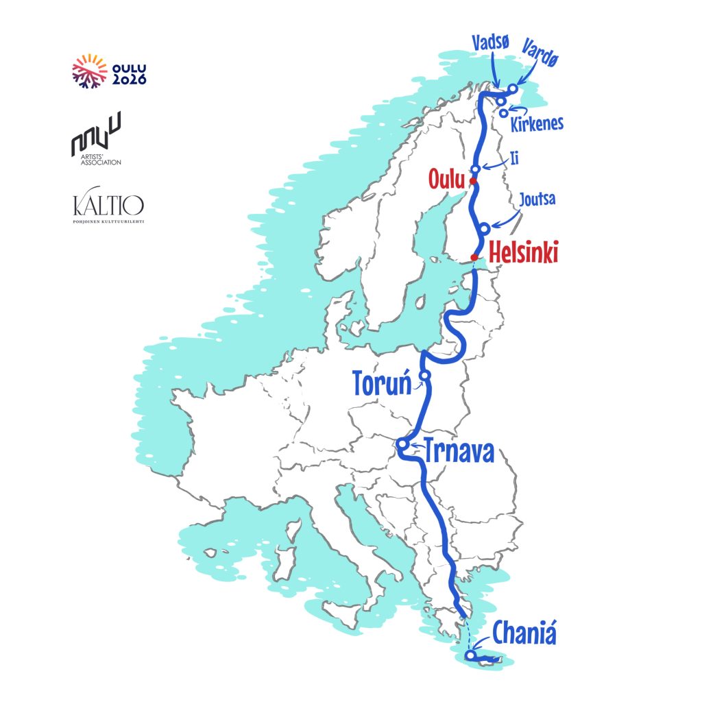 Euroopan kartta jossa sinisellä piirretty reitti Kreikasta Norjan pohjoisosiin saakka.