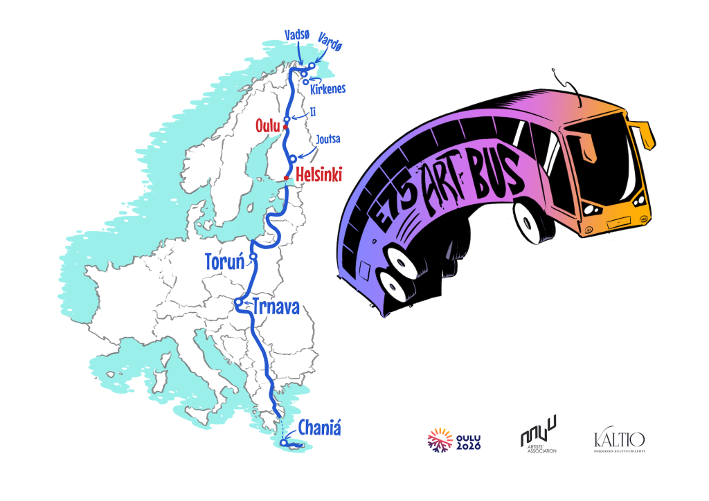 Euroopan kartta jossa sinisellä piirretty reitti Kreikasta Norjan pohjoisosiin saakka. Kuvan oikeassa reunassa violettisävytteinen piirretty bussi, jonka kyljessä lukee E75 ART BUS